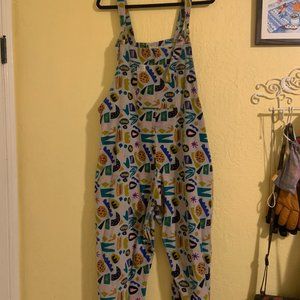 ‘Bouron’ Print Limited Edition Dungarees in Powder Blue/Grey (XL 30” size 16-18)